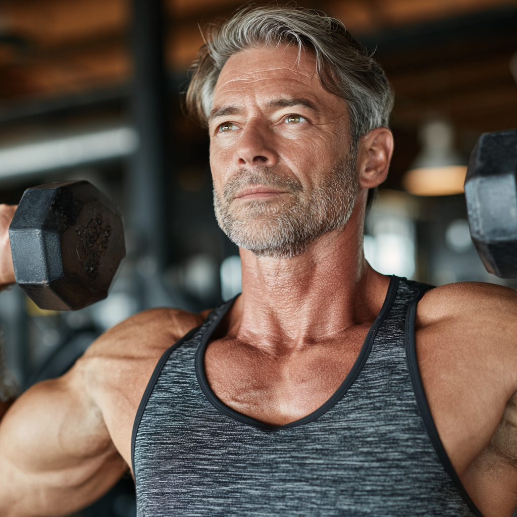 middle-aged fitness enthusiast performing structured strength training in industrial gym setting